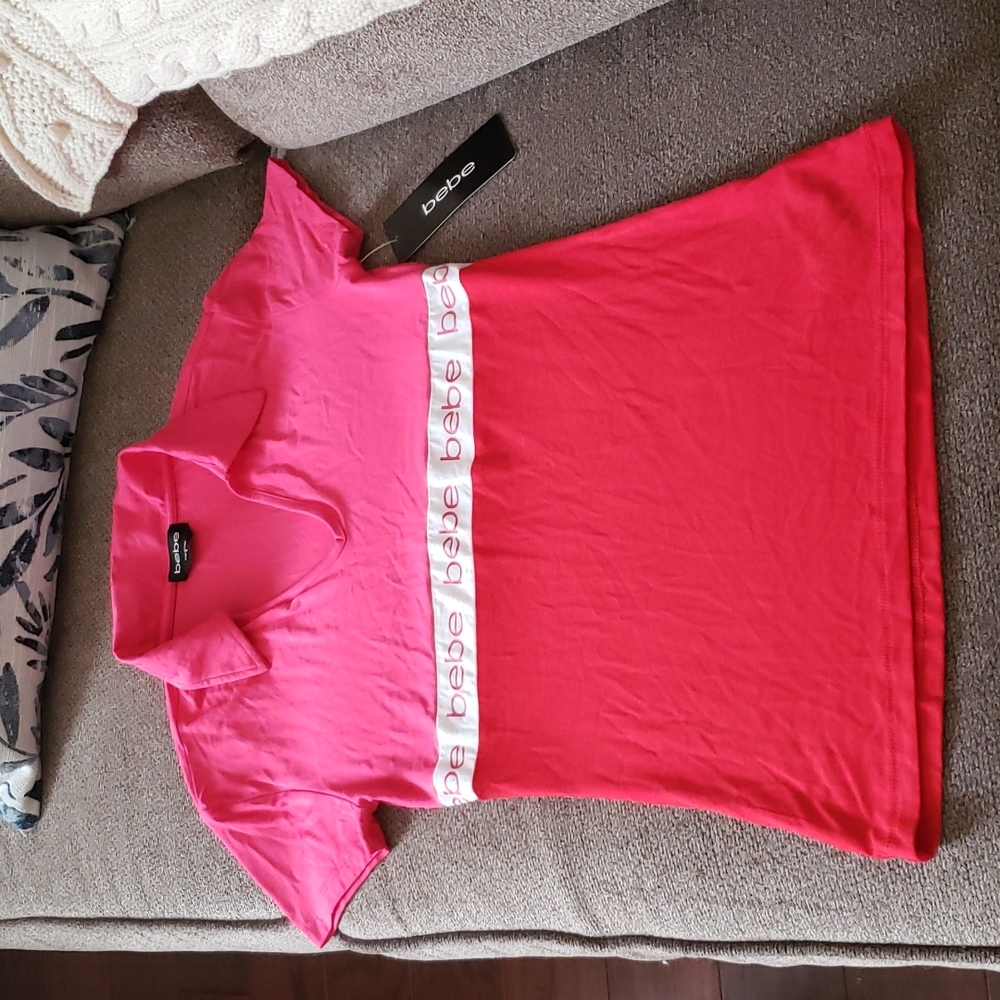 bebe pink, red & white color blocked logo polo tee